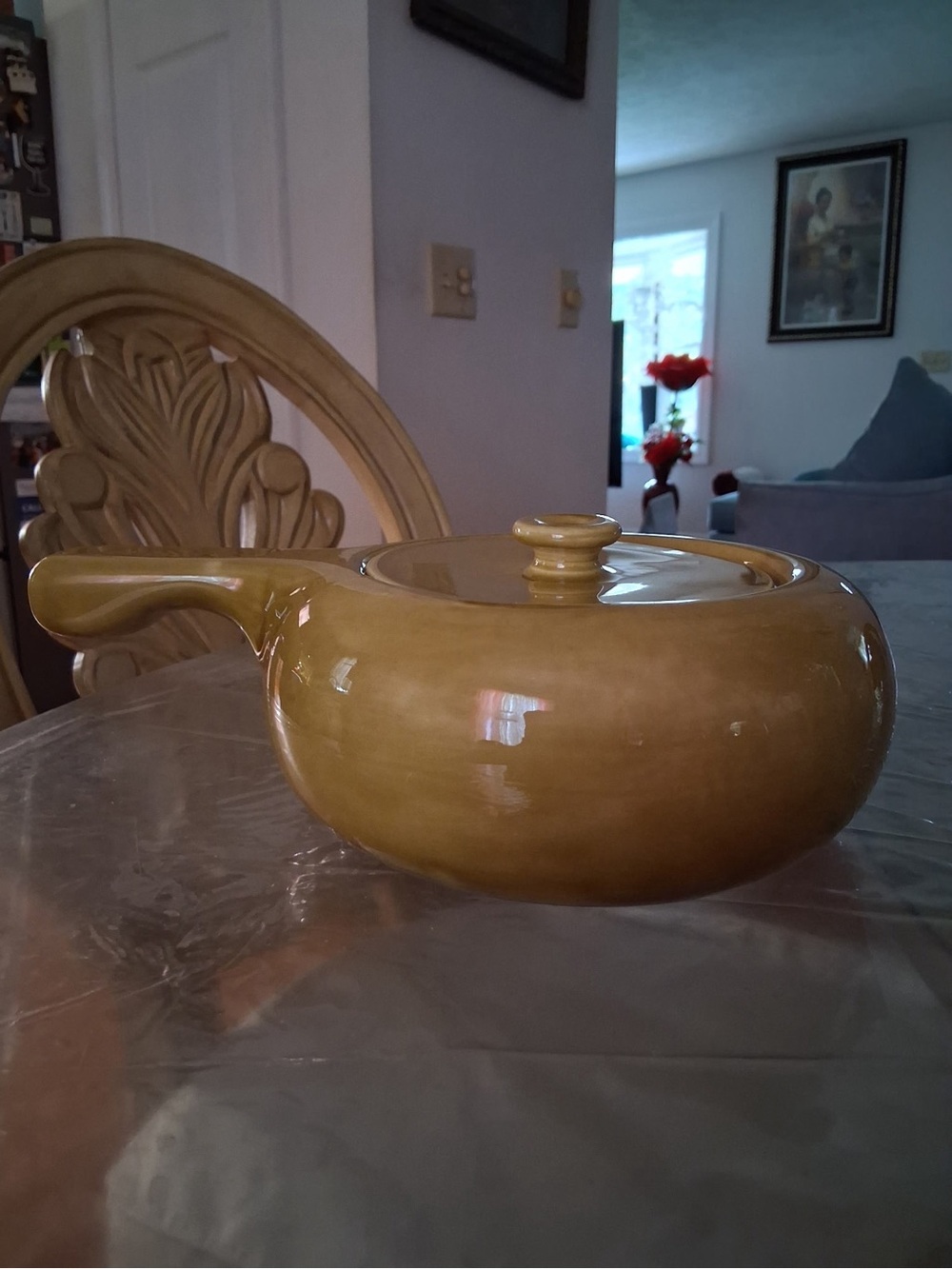 Yellow Ceramic Lidded Serving Bowl with Handle